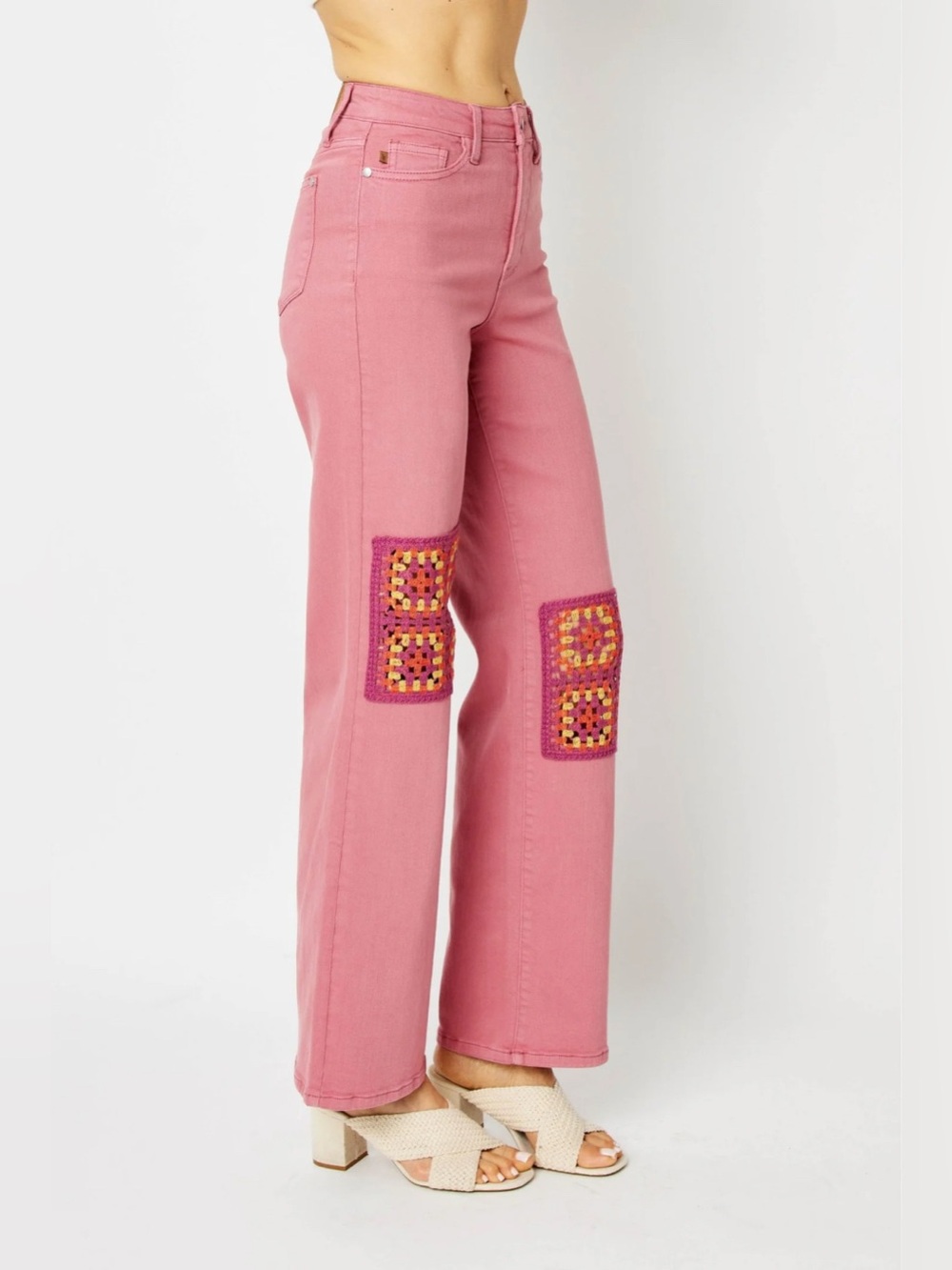 Judy Blue High Waist Dusty Pink Crochet Wide Leg Jeans 7/28 NWT